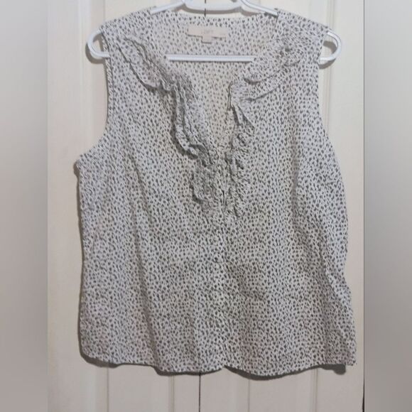 LOFT Multicolored Ruffled Blouse with Rounded Neckline - Picture 1 of 11